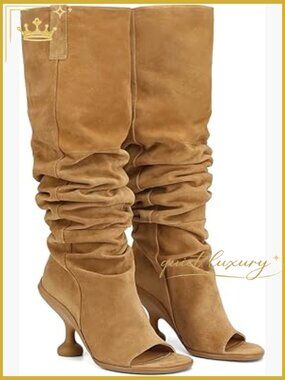 Leather Knee High Boots Open Square Toe Pull On Slouchy Wide Calf